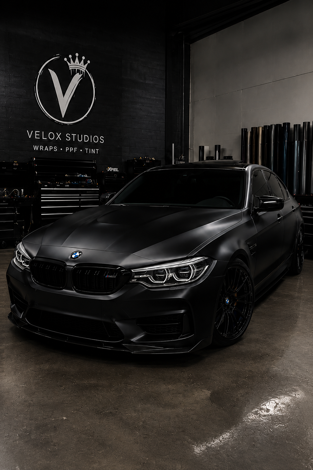 Matte black BMW M5 in the Velox Studios shop with the V crown logo on the wall